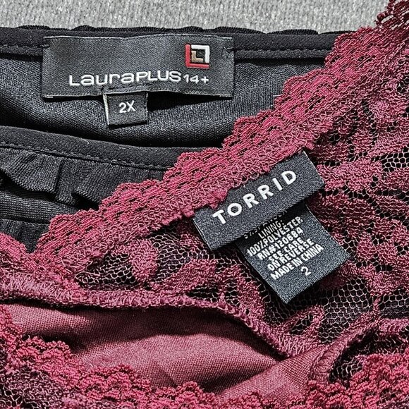 Top Womens 2X Lot Of 2 Black Burgundy Torrid Laura Ruffles Lined Lace Boho Party - Picture 2 of 15